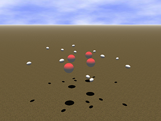 Four dynamic obstacles (larger red spheres) travel at a constant velocity across the workspace and twelve simple-airplanes (smaller white ellipsoids) have to cross the paths of the obstacles to reach their goals while avoiding collisions