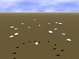 Sixteen simple-airplanes (white ellipsoids) are placed at points on an imaginary sphere and their goals are to navigate to a point on the opposite side of the sphere while avoiding collisions